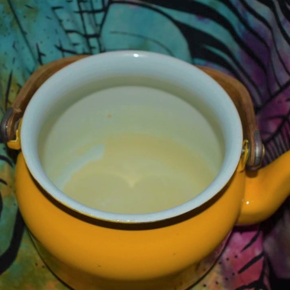 Vintage Metal Ceramic Water Kettle Teapot Wood Handle Yellow - Picture 3 of 3